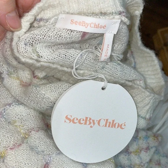 SEE BY CHLOE Iza Women’s Sweater Size S NWT Multicolor White Crew Neck Oversized